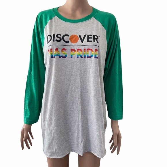 Discover Credit Tshirt XL Pride Rainbow Raglan Baseball Multicolor - Picture 12 of 12